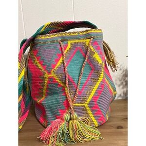 Handmade Woven Crochet Bag Multi Color Diamond Pattern Tassels Shoulder Bag